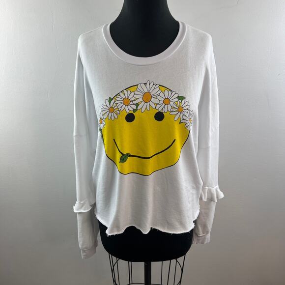 Lauren Moshi White Yellow Sweatshirt Happy Daisy Peace Crew Neck Sz Medium NEW - Picture 2 of 13